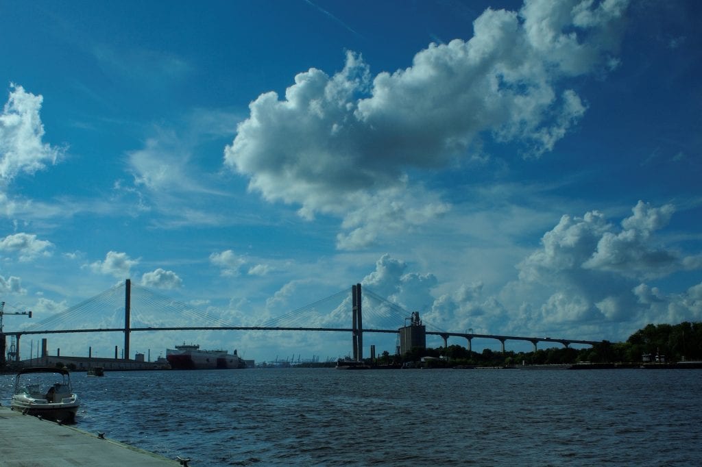 An afternoon walk along River Street with a view of the Savannah River and Talmadge Memorial Bridge