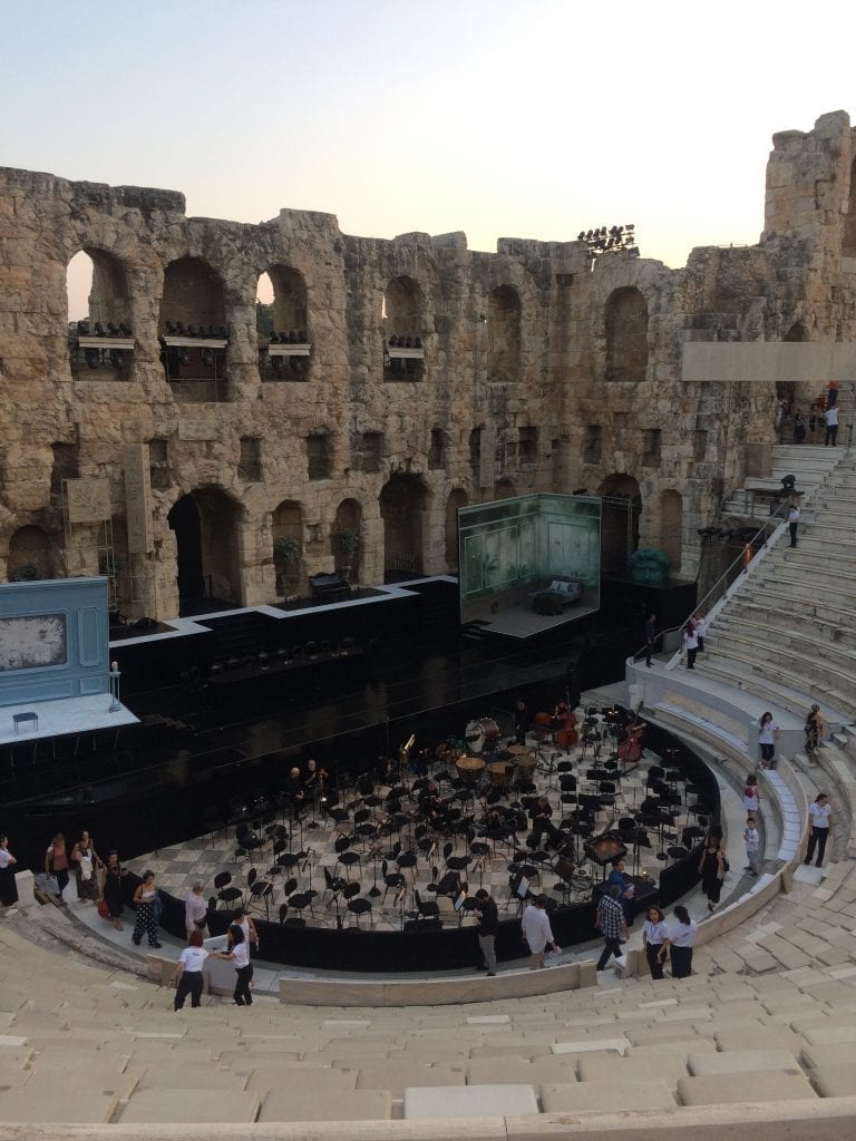 Setting up for a night of opera at the Odeon of Herodes Atticus, Athens, Greece