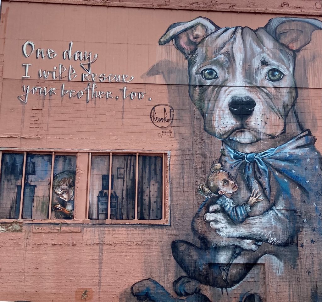 Street mural of a dog as a superhero, 6th and Church, Nashville