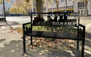 Street bench with Birmingham stencilled into the back