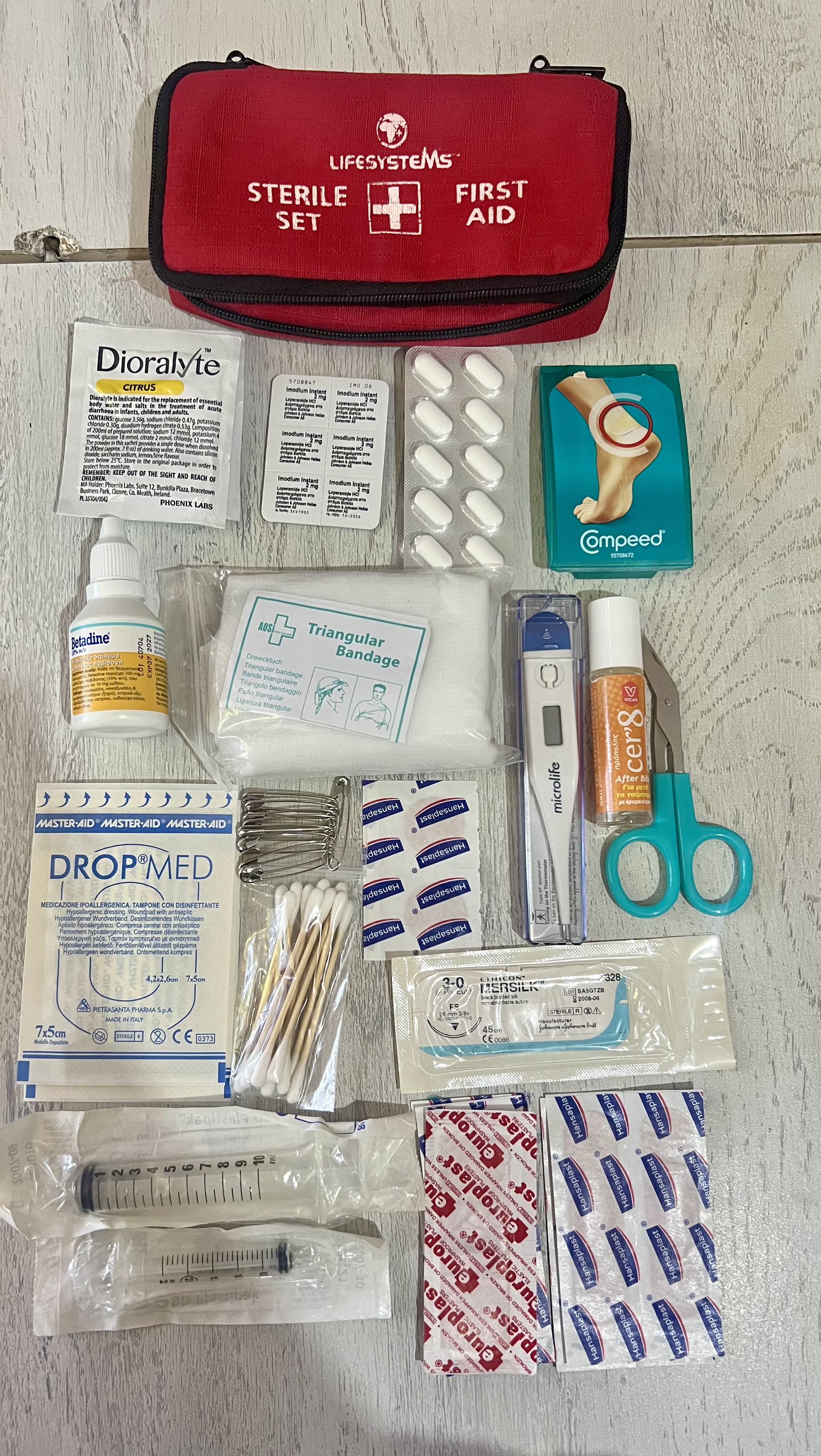 Selection of basic first aid kit items laid out on a table